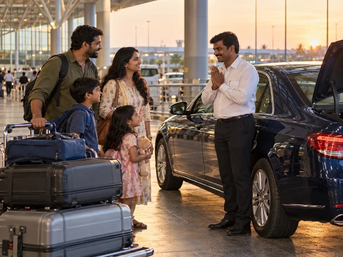A family with luggage is greeted by their driver at the airport