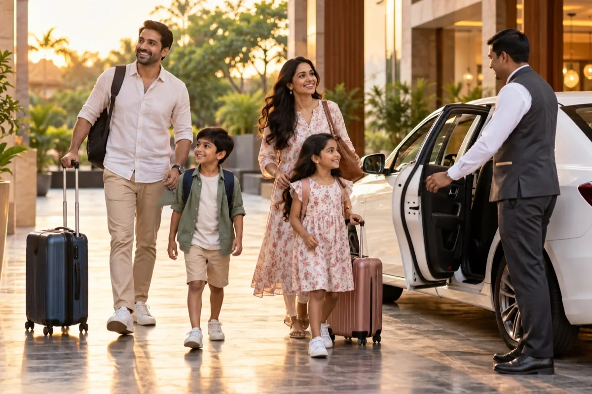A family arrives at their destination as the driver opens the door