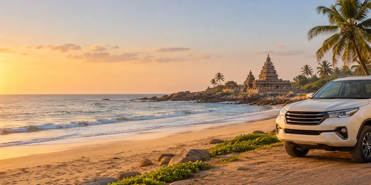 An SUV parked on a beach road at sunset beside an old shore temple